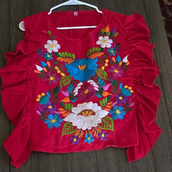 Red Embroidered Floral Ruffle Women's Top - Picture 10 of 16